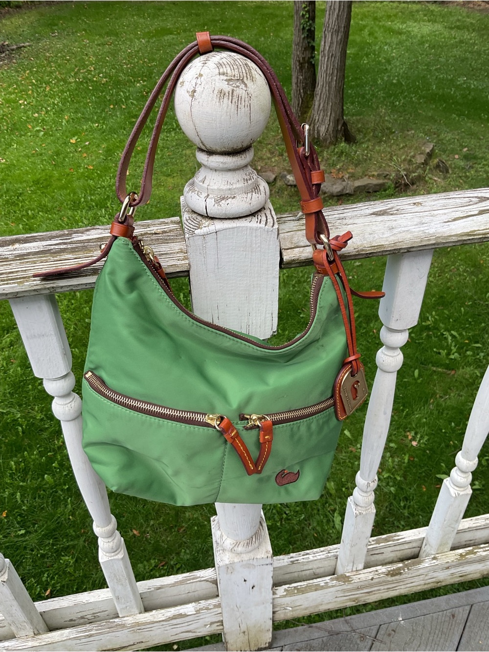 Dooney & Bourke Green Nylon Shoulder Bag with Brown Leather Trim